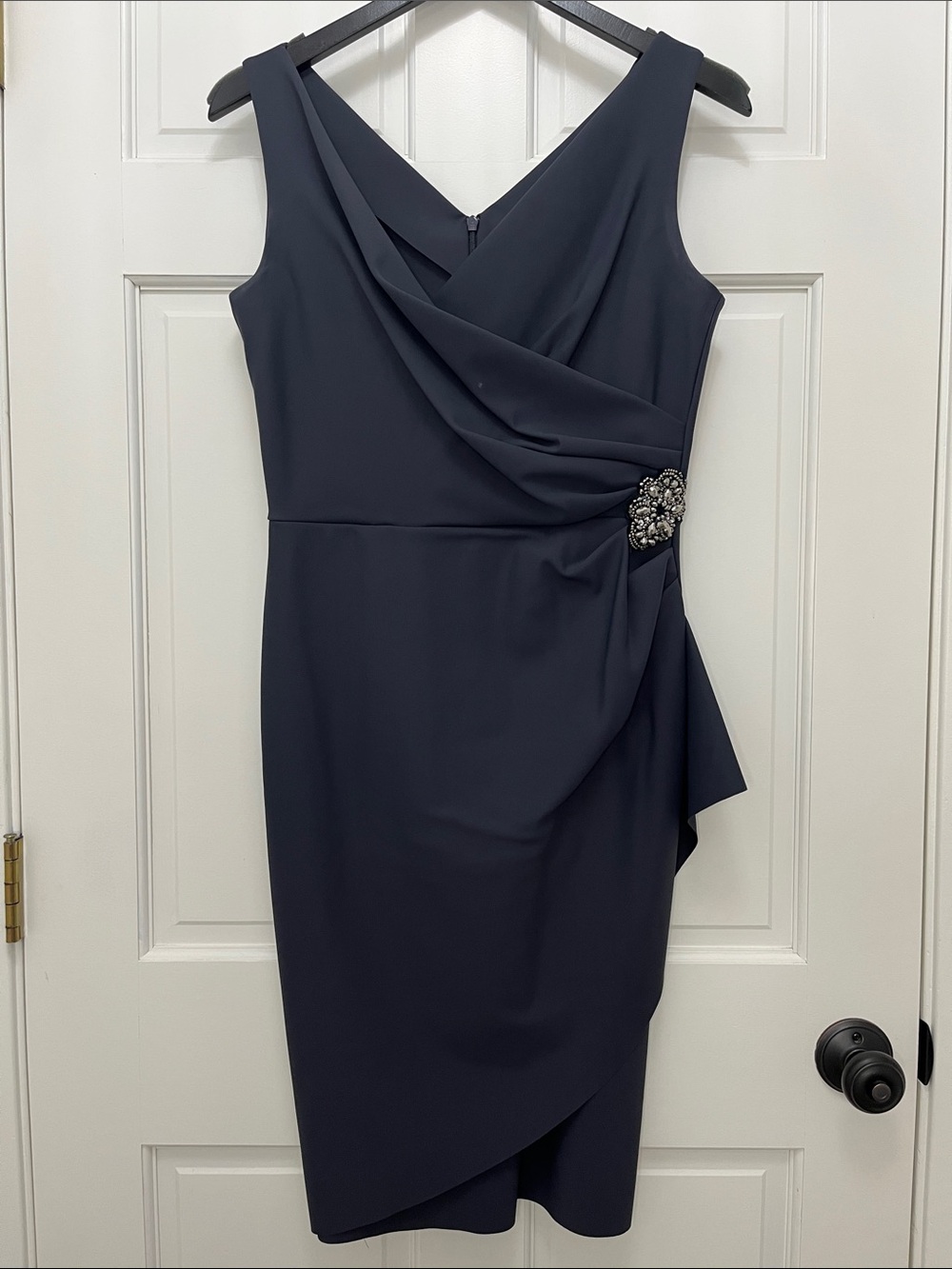 Alex Evenings Sleeveless Navy Midi Sheath Dress with Draped Overlay - Size 6